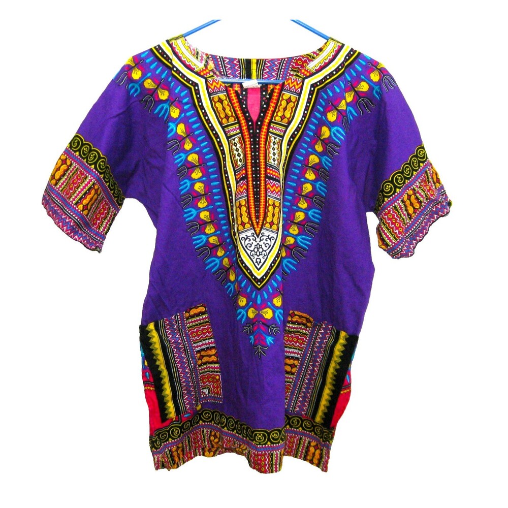 Mama & Papa Thailand Shirt Women Medium Dashiki Kurta Purple Colorful Top Cotton